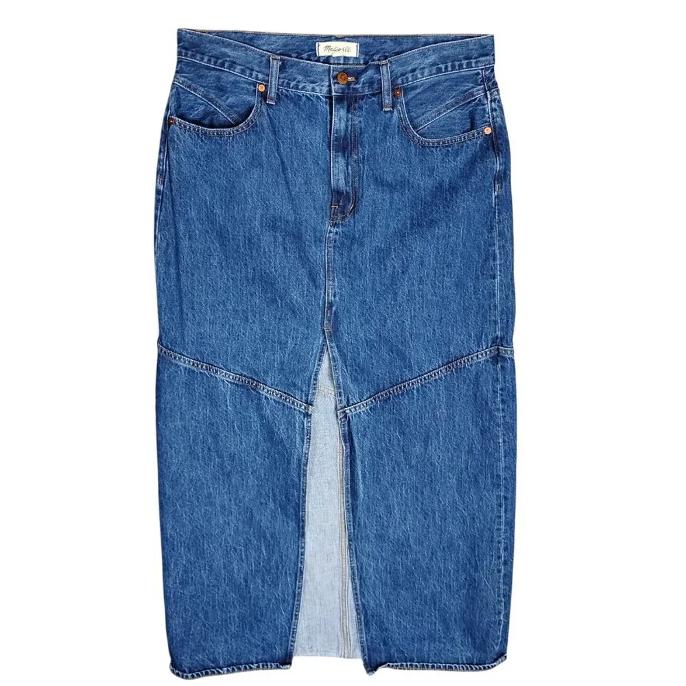 Madewell Denim Maxi Skirt Size 31 Medium Blue Wash 23" Slit Down Front Pockets - Picture 3 of 11